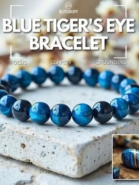 Blissbury Co Unisex Blue Tiger's Eye Stone Stretch Bracelet New In Pouch